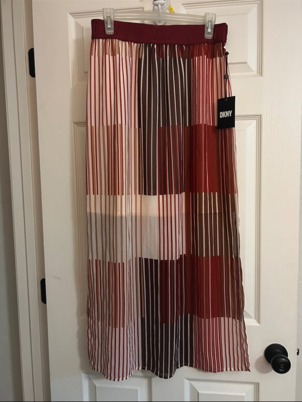 DKNY Red and Brown Pleated Midi Skirt